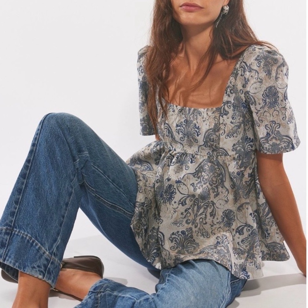 Free People Blue and Gray Floral Jacquard Top